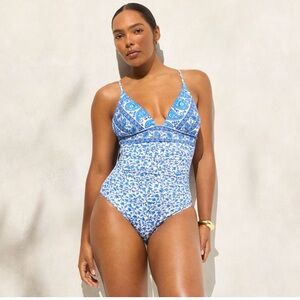 NWT J Crew ruched plunge swimsuit bandana block print